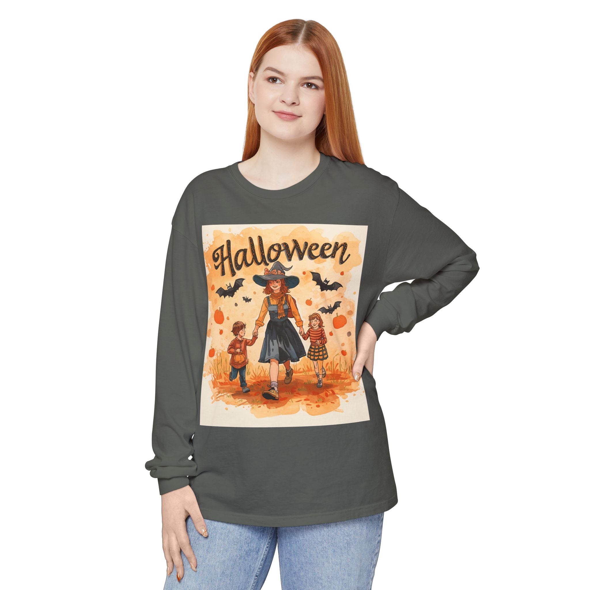 Halloween Themed Mom And Children Unisex Garment-dyed Long Sleeve T-Shirt