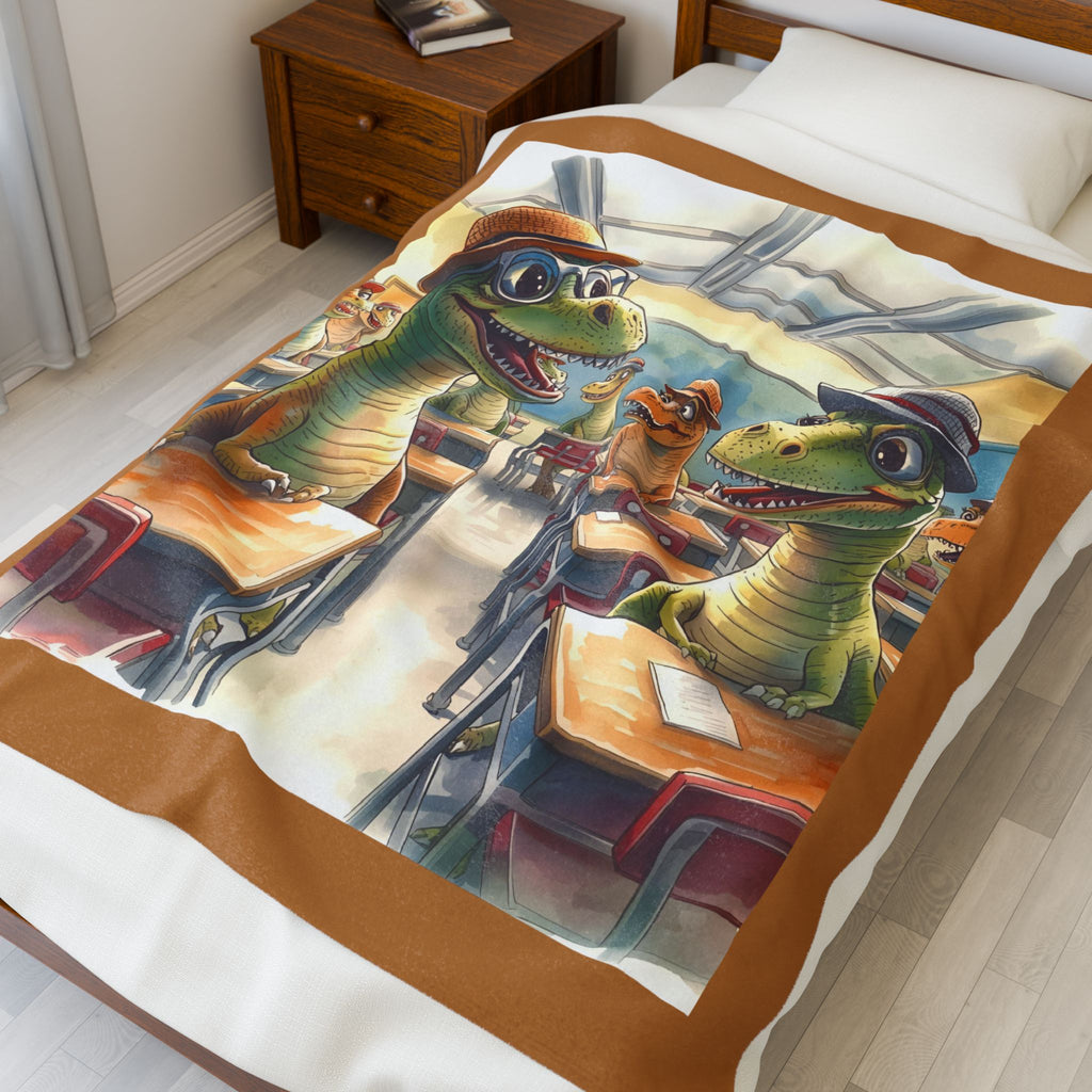 Dinosaur Classroom Velveteen Plush Blanket - Cute Dinosaur Decor, Kids' Room, Soft Throw, Gift for Children, Cozy Home Accessory