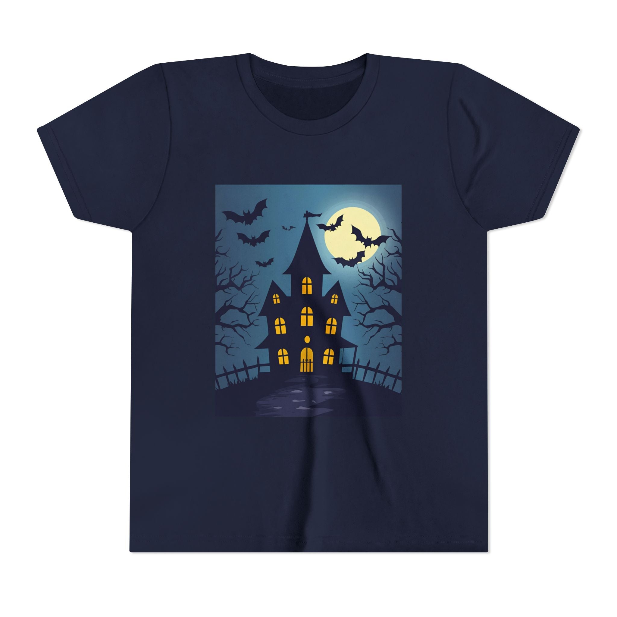 Spooky Halloween Haunted House Youth Tee, Kids Ghost T-Shirt, Haunted House Apparel, Bat Design Shirt, Trick or Treat Clothing