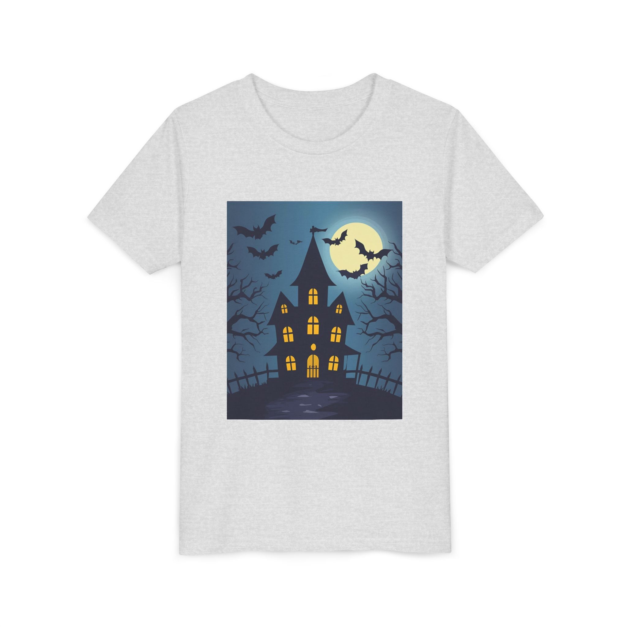 Spooky Halloween Haunted House Youth Tee, Kids Ghost T-Shirt, Haunted House Apparel, Bat Design Shirt, Trick or Treat Clothing
