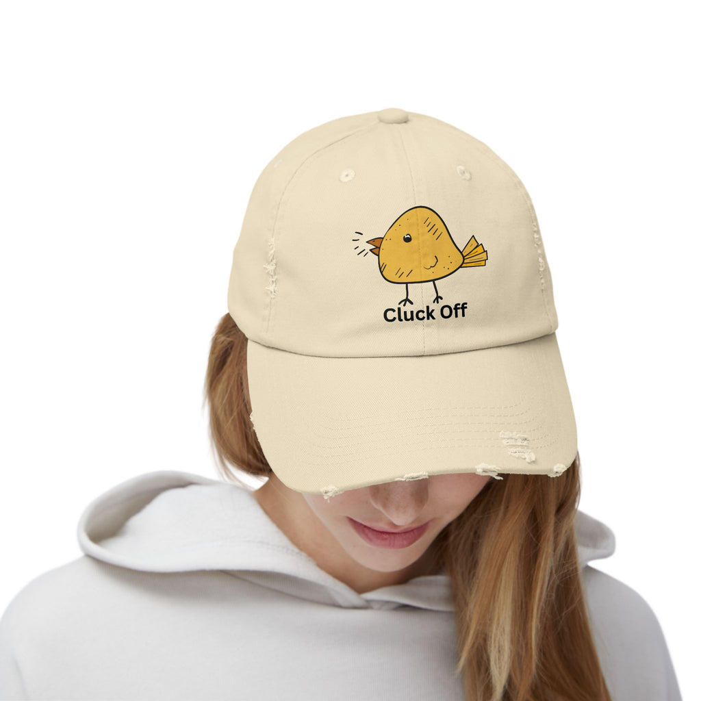 Quirky Distressed Cap with 'Cluck Off' Design - Fun Gift for Bird Lovers, Casual Wear, Summer Accessory, Unique Hat, Funny Cap