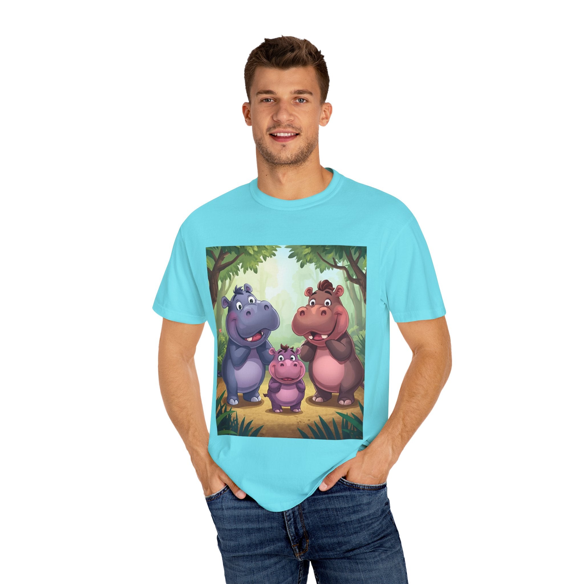 Cute Hippo Family T-Shirt, Unisex Garment-Dyed Tee, Animal Lovers Gift, Kids & Adults, Birthday, Family Reunion, Casual Wear