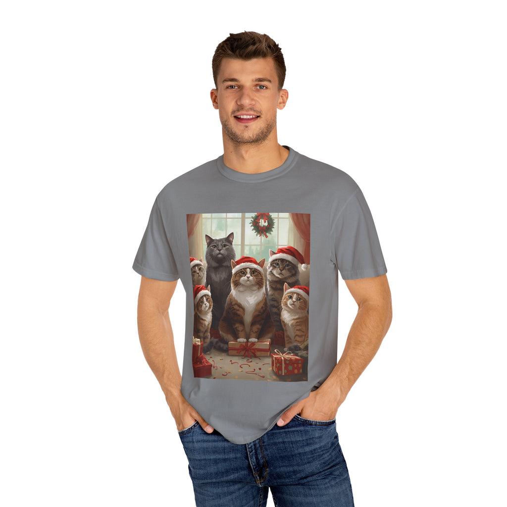 Cute Festive Funny Christmas Cat T-Shirt, Holiday Gift for Cat Lovers, Cute Tee for Winter, Unisex Garment-Dyed Shirt, Christmas Apparel, Festive Outfit