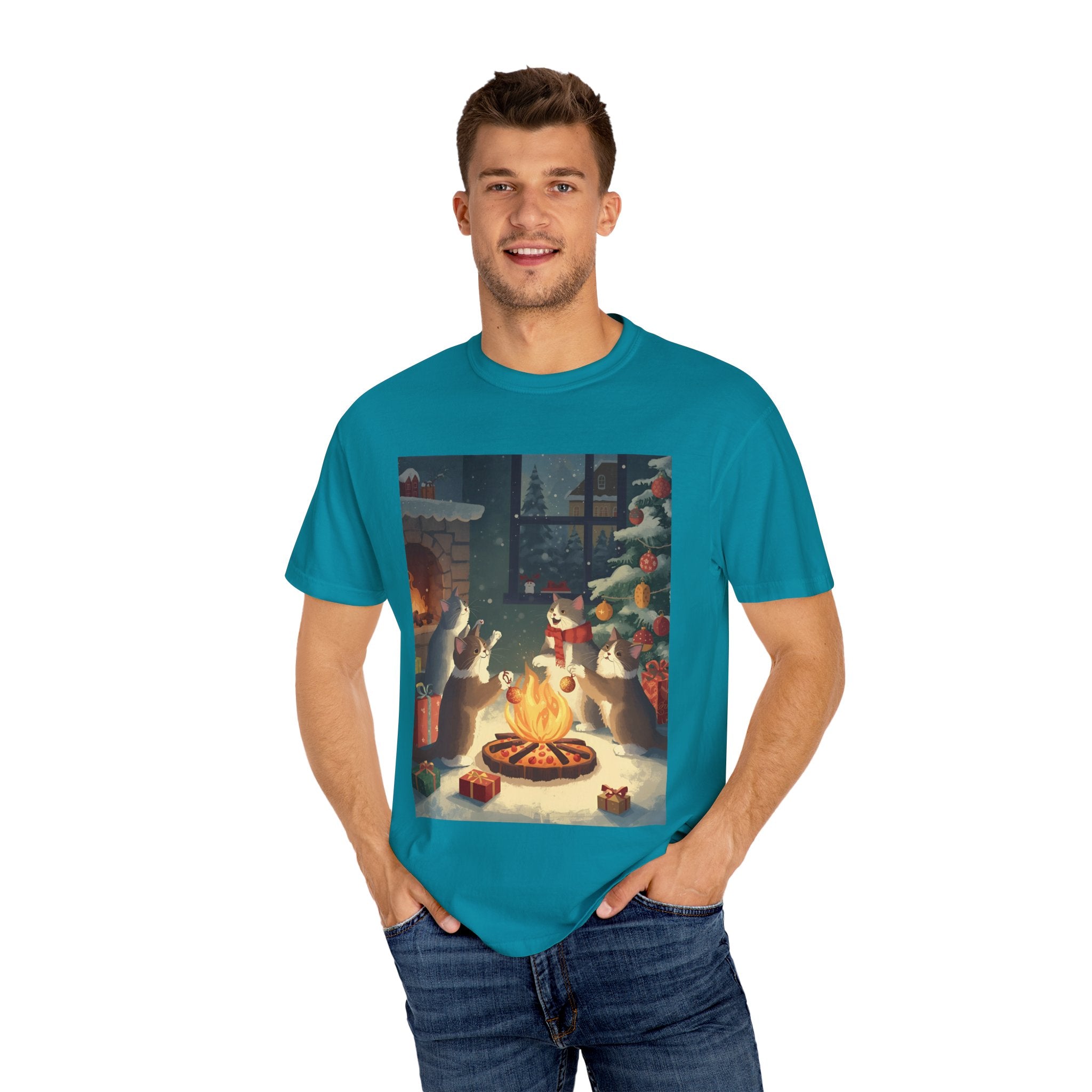 Cozy Winter Cat T-shirt, Unisex Garment-Dyed Shirt, Holiday Gift, Christmas Apparel, Cat Lover Tee, Festive Casual Wear