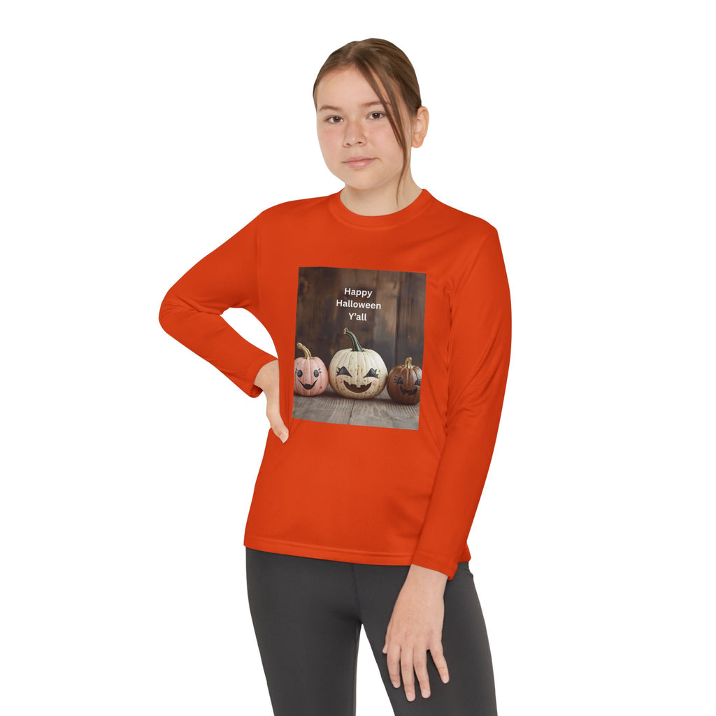 Happy Halloween Youth Long Sleeve Tee, Spooky Kids Top, Fall Costume Shirt, Trick or Treat Apparel, Pumpkin Graphic Tee
