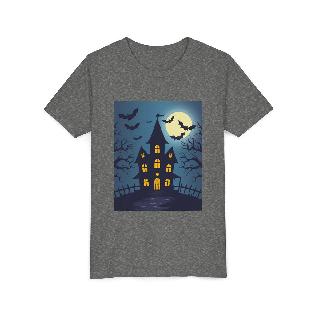 Spooky Halloween Haunted House Youth Tee, Kids Ghost T-Shirt, Haunted House Apparel, Bat Design Shirt, Trick or Treat Clothing