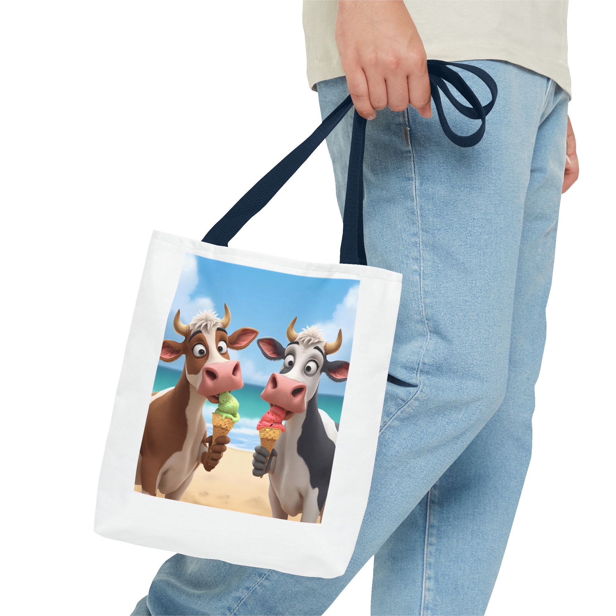 Fun Cartoon Cow Tote Bag for Ice Cream Lovers, Cute Beach Bag, Animal Lover Gift, Summer Accessory, AOP Design