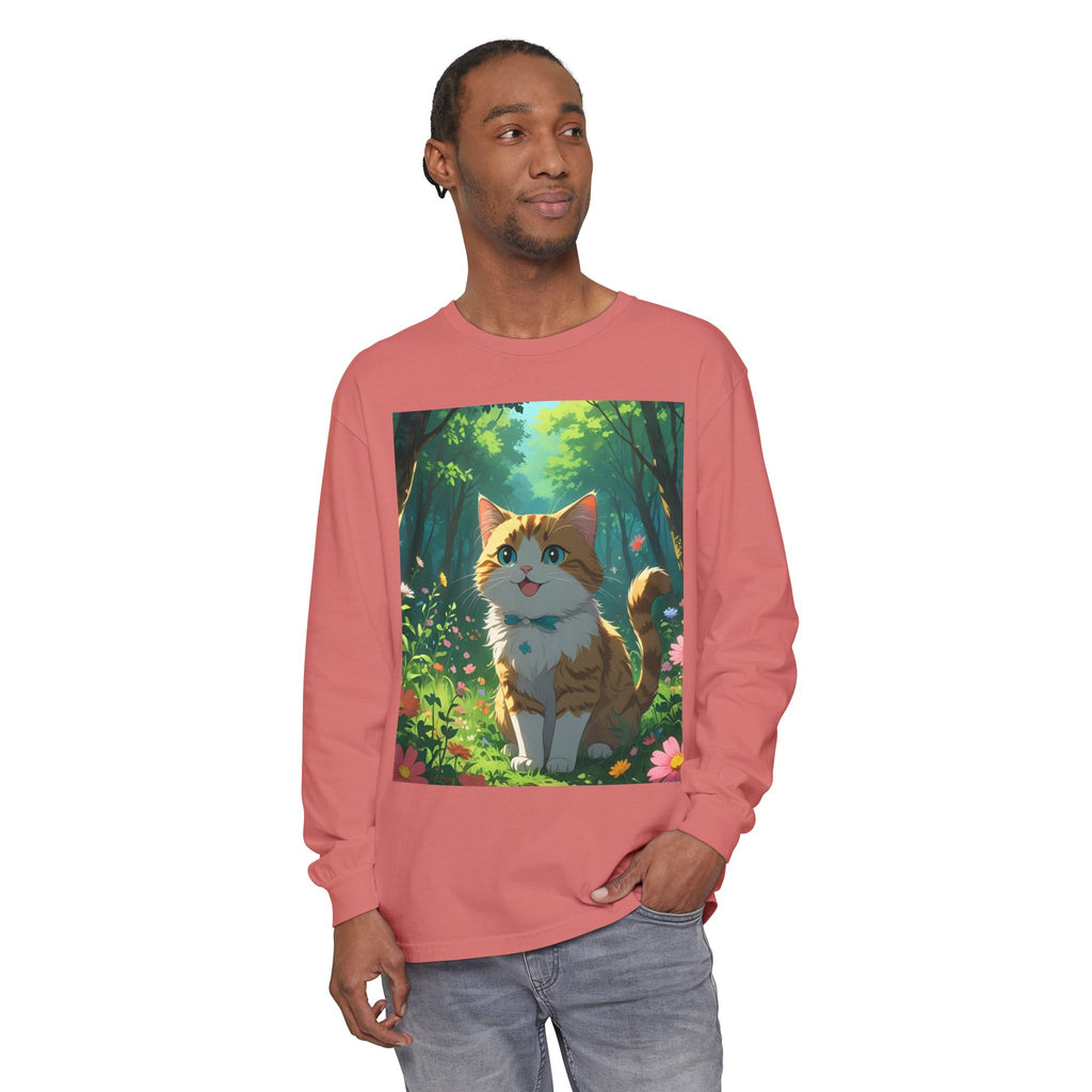 Whimsical Cat In Forest Long Sleeve T-Shirt - Perfect for Cat Lovers, Nature Enthusiasts, Gifts, Cozy Wear, Everyday Style