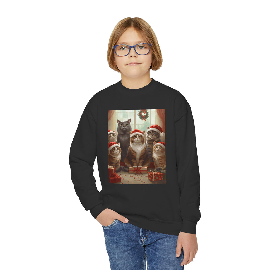 Cute Festive Christmas Cat Youth Crewneck Sweatshirt