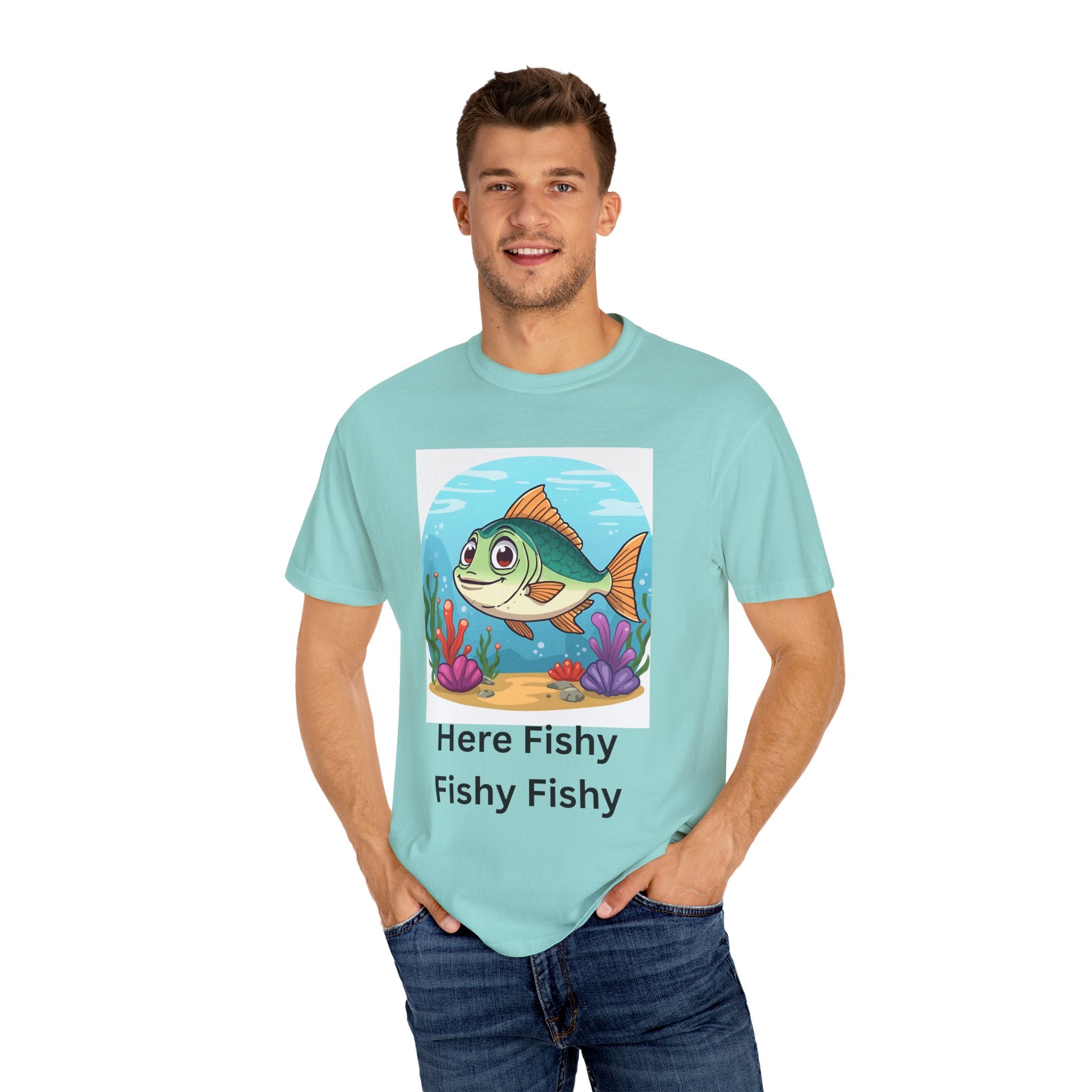 Here Fishy Fishy Fishy Colorful Fish-Themed Unisex T-Shirt, Fun Graphic Tee for Kids and Adults, Perfect for Summer, Fishing Trips, and Gift Giving