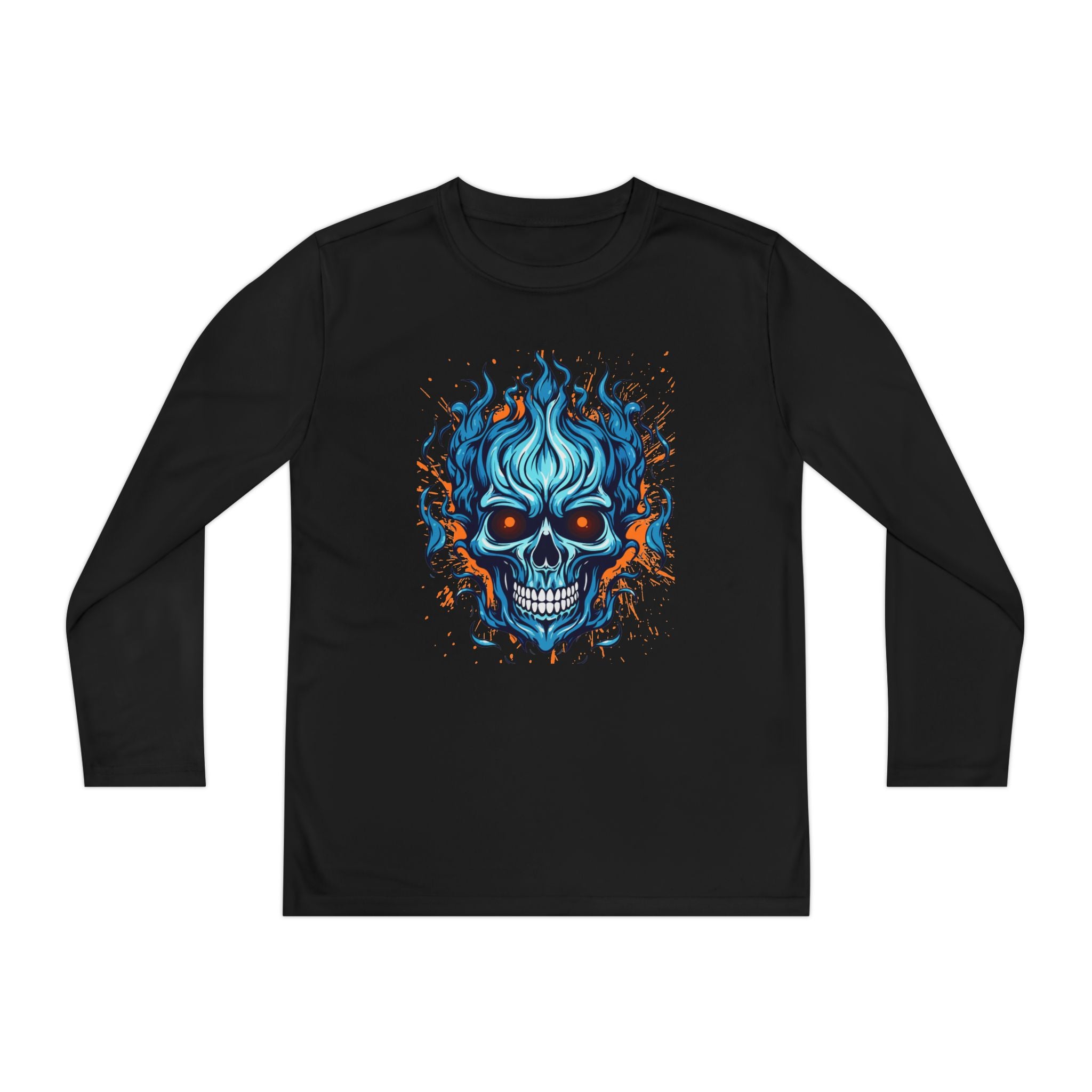 Skull Flame Youth Long Sleeve Skull Tee, Perfect for Halloween, Edgy Gift for Teens, Cozy Casual Wear, Skull Art Graphic Tee, Unique Birthday Present