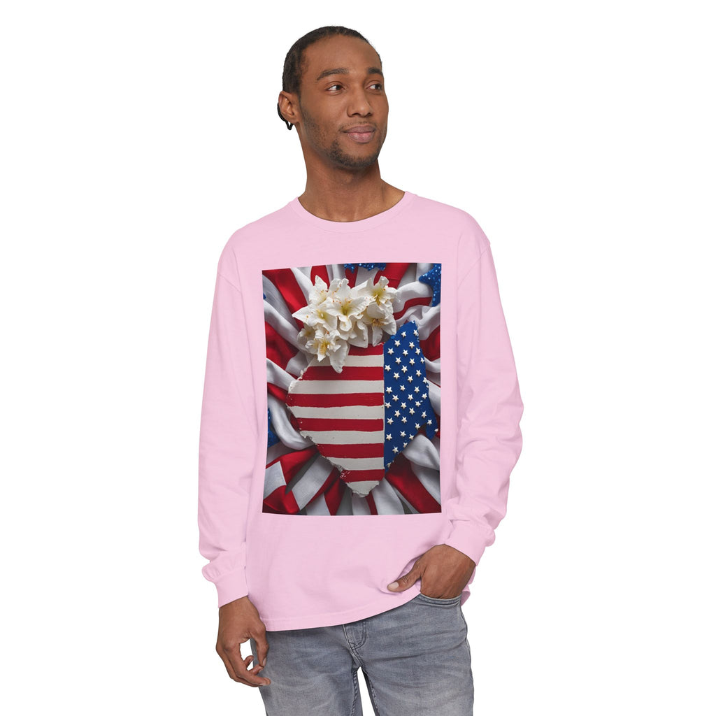 Patriotic Long Sleeve T-Shirt | Unisex Garment-Dyed Tee for Independence Day, Memorial Day, Fourth of July, Summer BBQs, Gifts