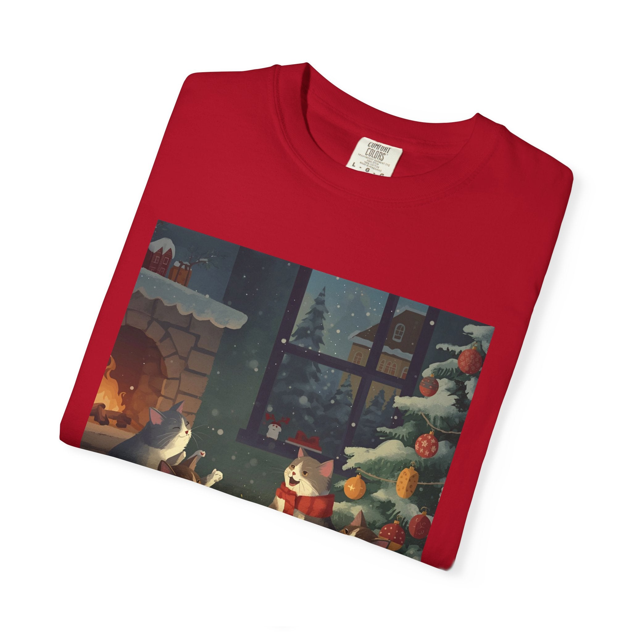 Cozy Winter Cat T-shirt, Unisex Garment-Dyed Shirt, Holiday Gift, Christmas Apparel, Cat Lover Tee, Festive Casual Wear