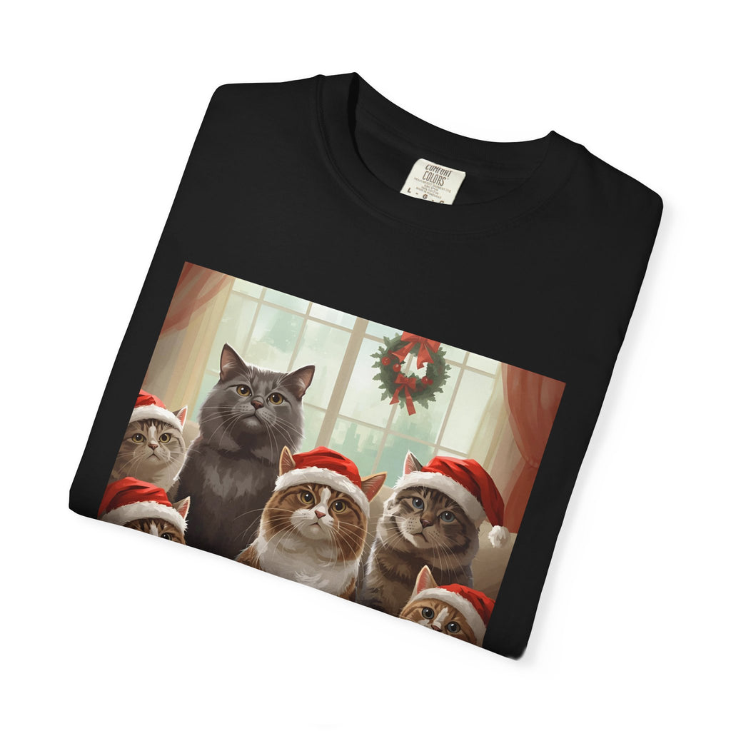 Cute Festive Funny Christmas Cat T-Shirt, Holiday Gift for Cat Lovers, Cute Tee for Winter, Unisex Garment-Dyed Shirt, Christmas Apparel, Festive Outfit