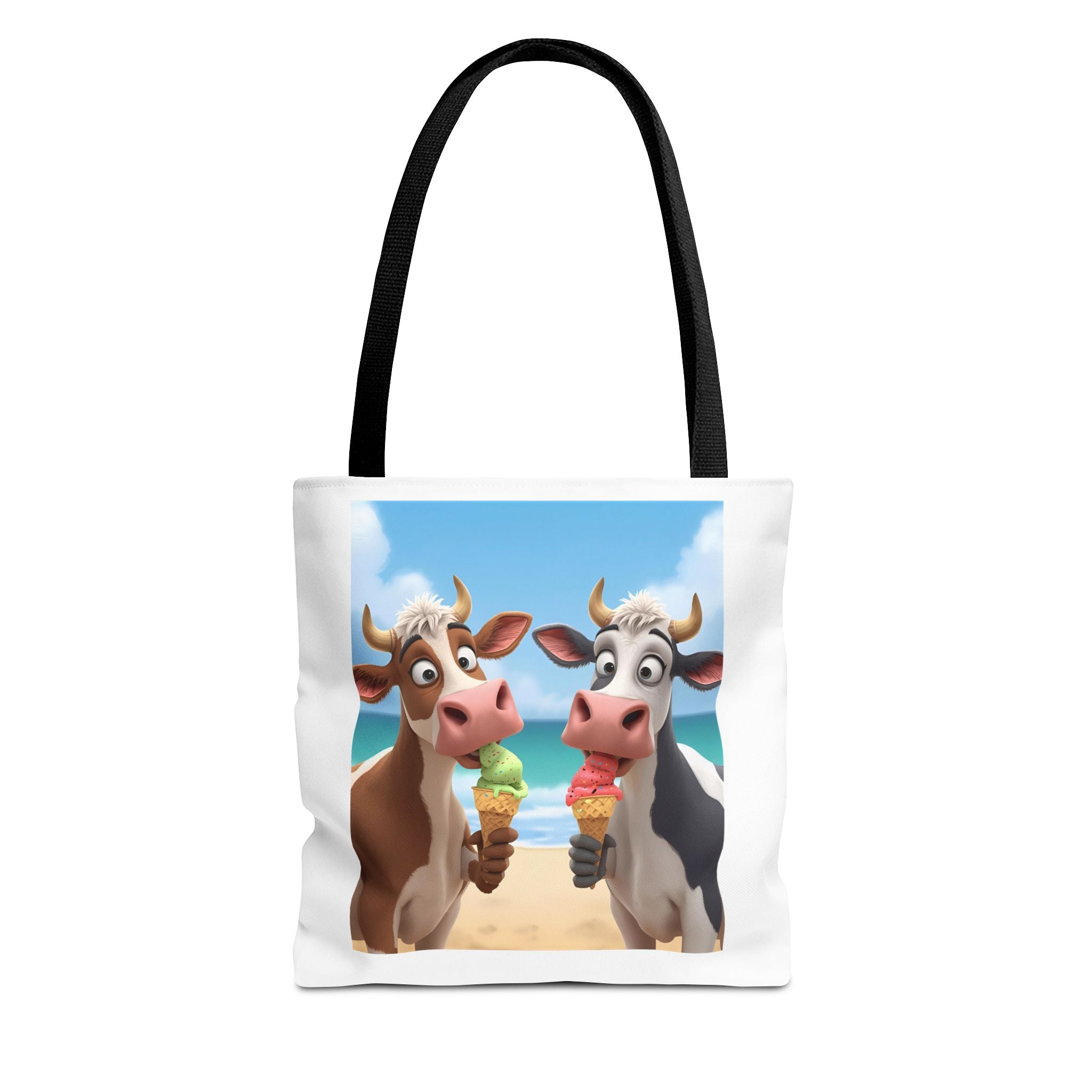 Fun Cartoon Cow Tote Bag for Ice Cream Lovers, Cute Beach Bag, Animal Lover Gift, Summer Accessory, AOP Design