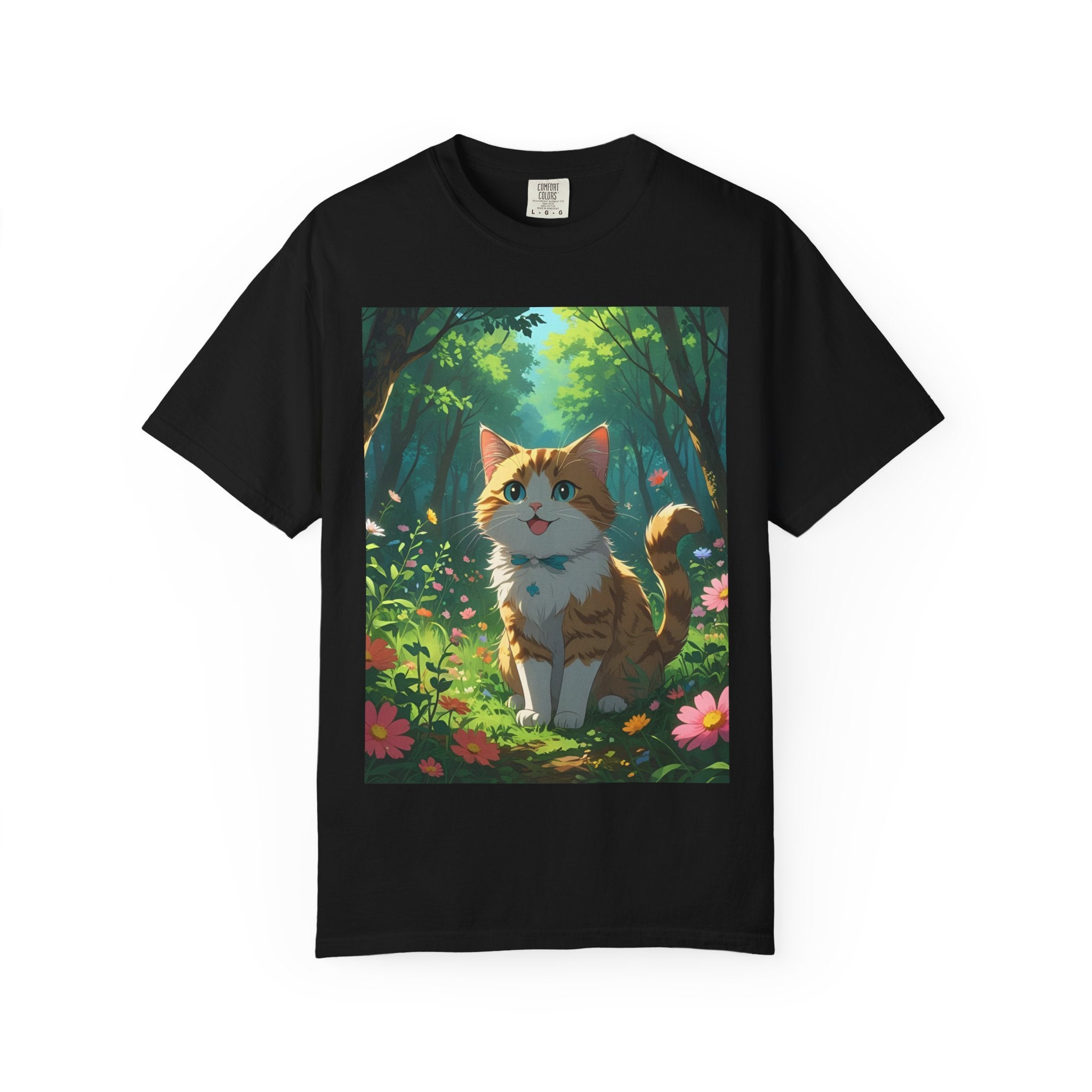 Whimsical Cat In Forest T-Shirt | Nature Lover Gift, Cute Pet Shirt, Animal Art Tee, Summer Outfit, Eco-Friendly Fashion