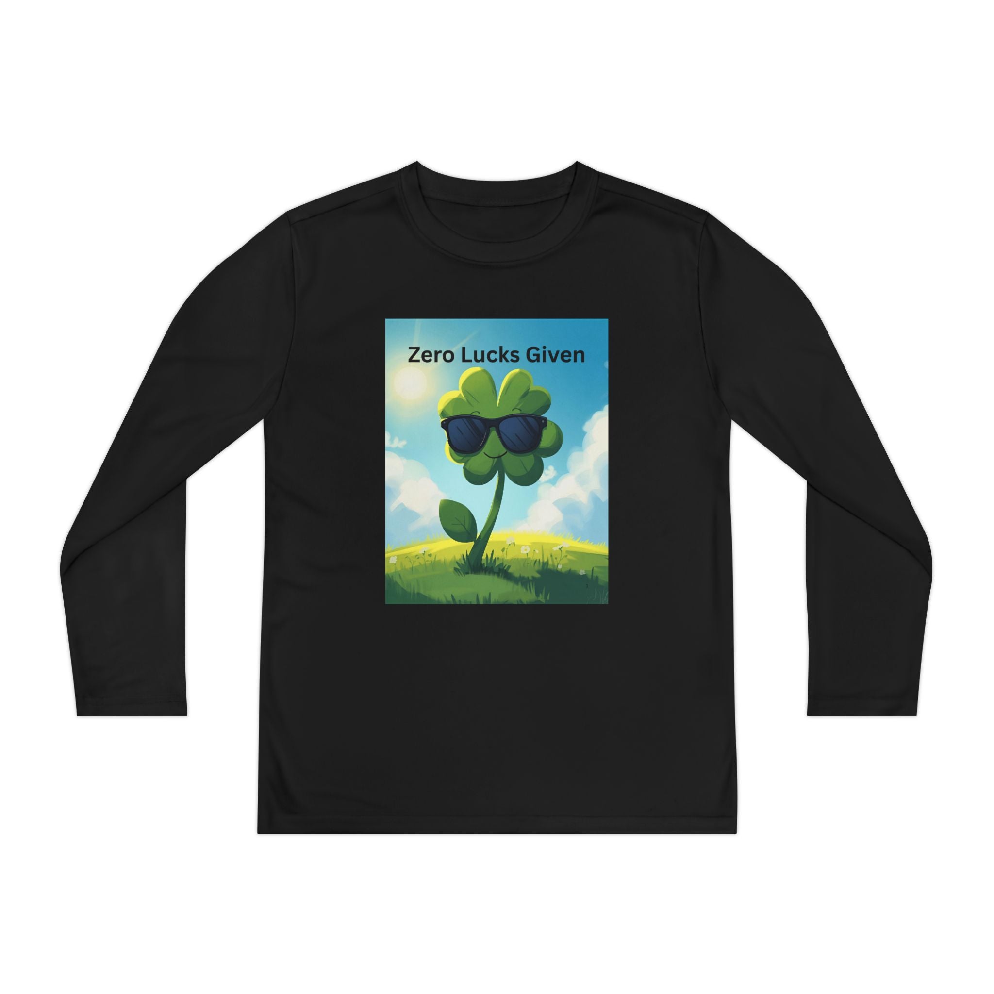 Zero Lucks Given Youth Long Sleeve Tee, Fun Graphic Shirt, Clover Print Top, Gift for Kids, Statement Tee, Birthday Gift