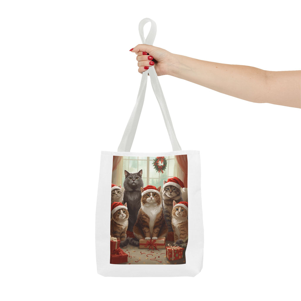Cute Christmas Festive Cat Tote Bag, Christmas Gift, Holiday Shopping Bag, Cute Cat Lover Bag, AOP Tote for Cat Enthusiasts