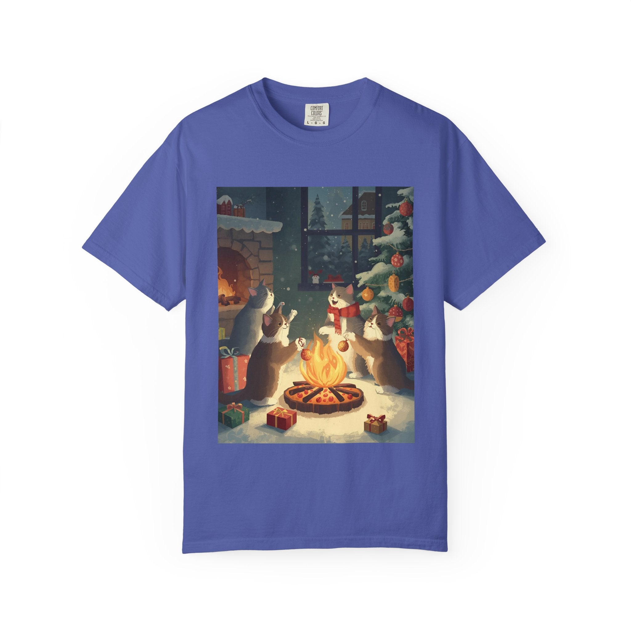 Cozy Cat Campfire T-shirt, Unisex Garment-Dyed Tee, Holiday Gift, Cat Lover Gift, Cute Winter T-shirt, Cozy Nightwear, Christmas Shirt