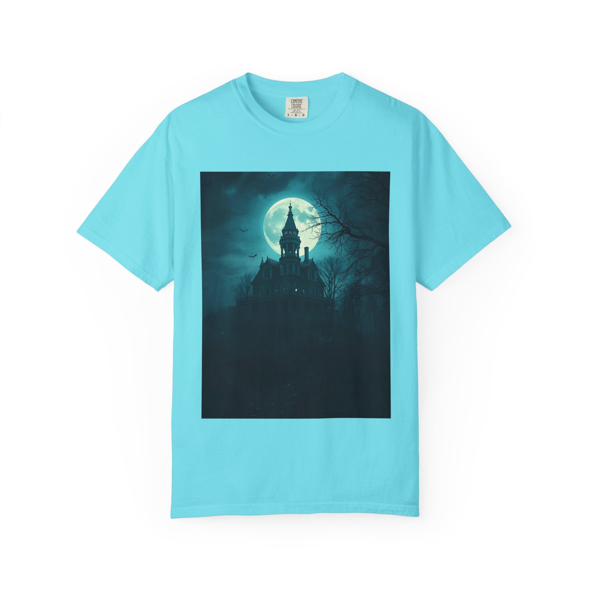 Haunted Moonlight Spooky Castle Graphic Tee | Unisex Garment-Dyed T-shirt, Halloween Shirt, Graphic Tee, Casual Wear, Gift for Ghost Lovers
