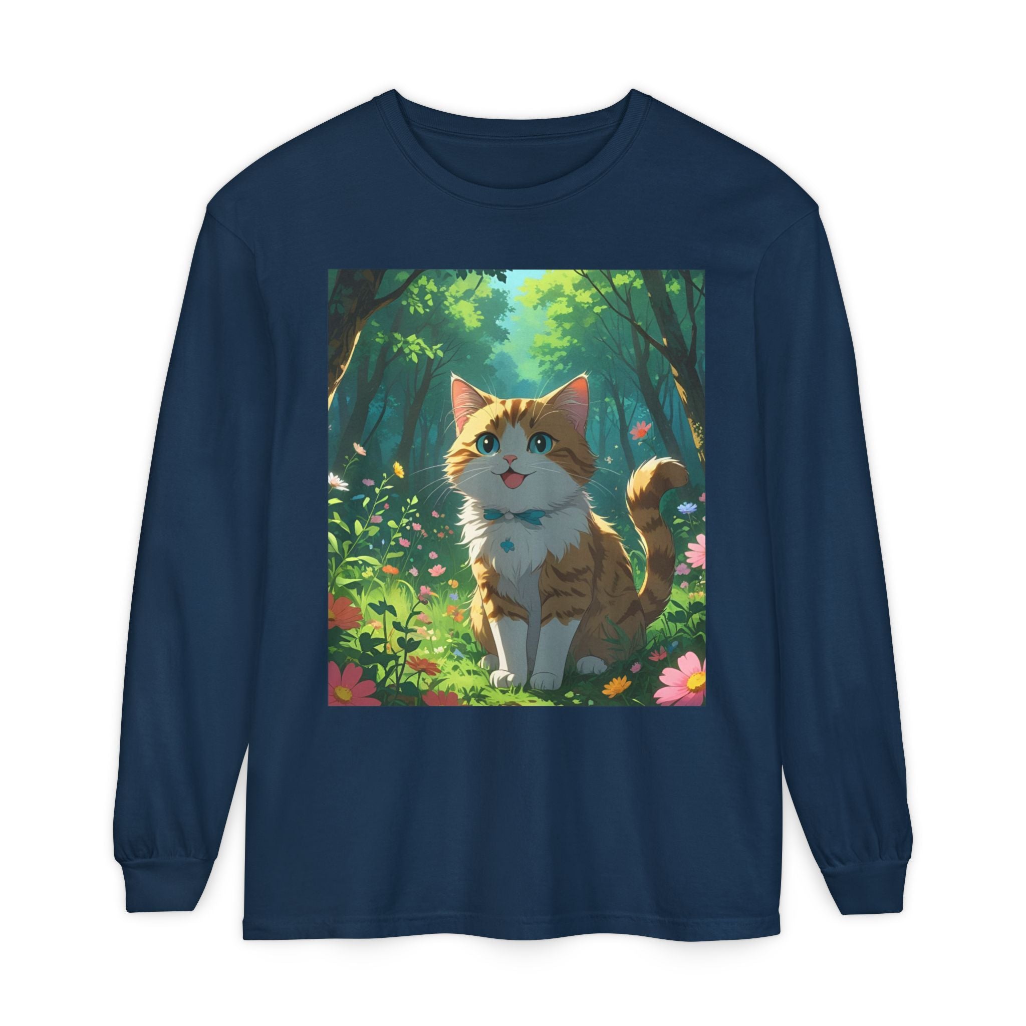 Whimsical Cat In Forest Long Sleeve T-Shirt - Perfect for Cat Lovers, Nature Enthusiasts, Gifts, Cozy Wear, Everyday Style