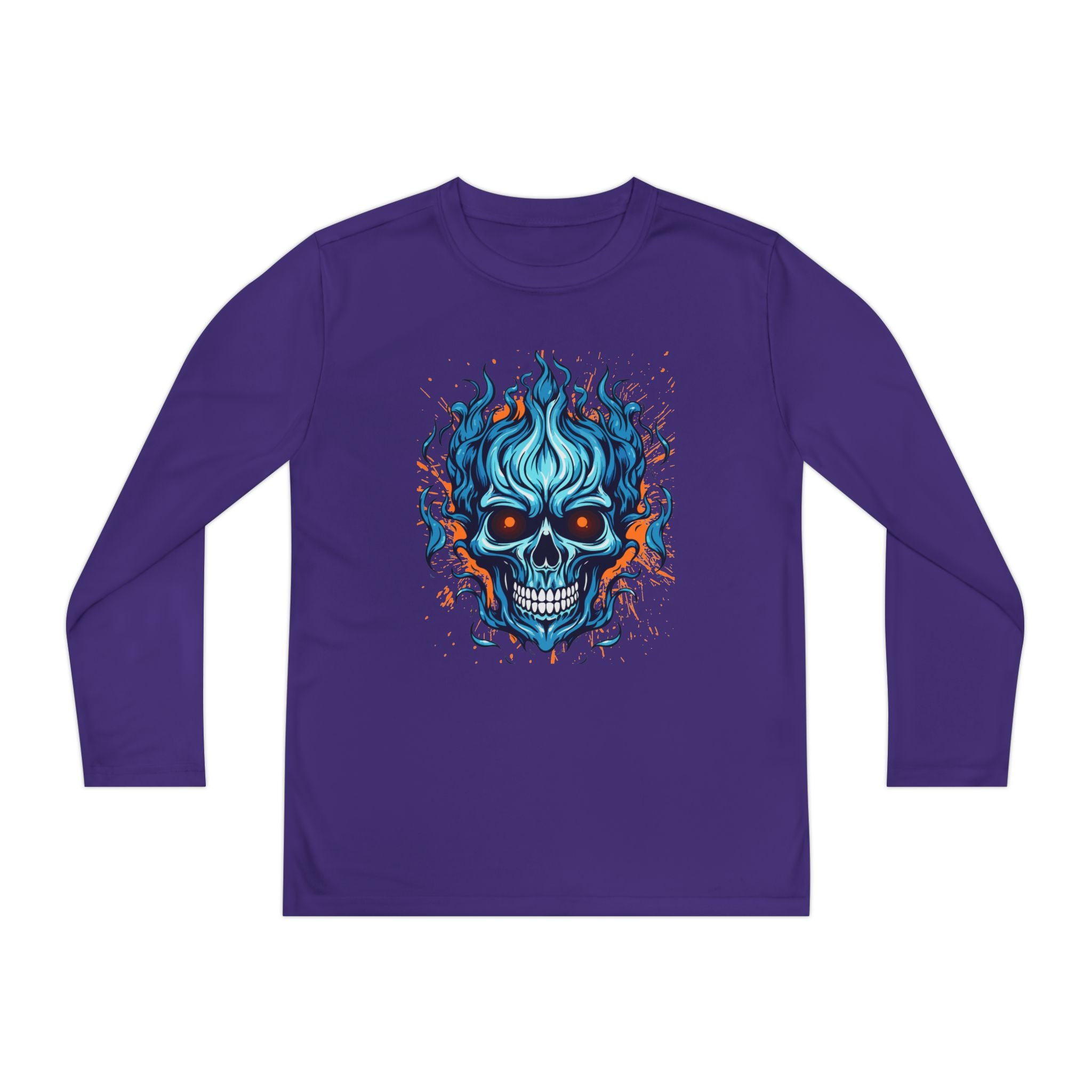 Skull Flame Youth Long Sleeve Skull Tee, Perfect for Halloween, Edgy Gift for Teens, Cozy Casual Wear, Skull Art Graphic Tee, Unique Birthday Present
