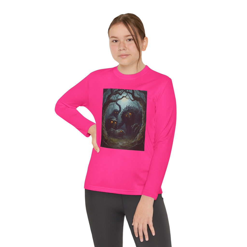 Spooky Forest Creatures Youth Long Sleeve Tee with Enchanted Forest Design, Comfortable Unisex T-Shirt for All Seasons, Perfect for Halloween and Nature Lovers