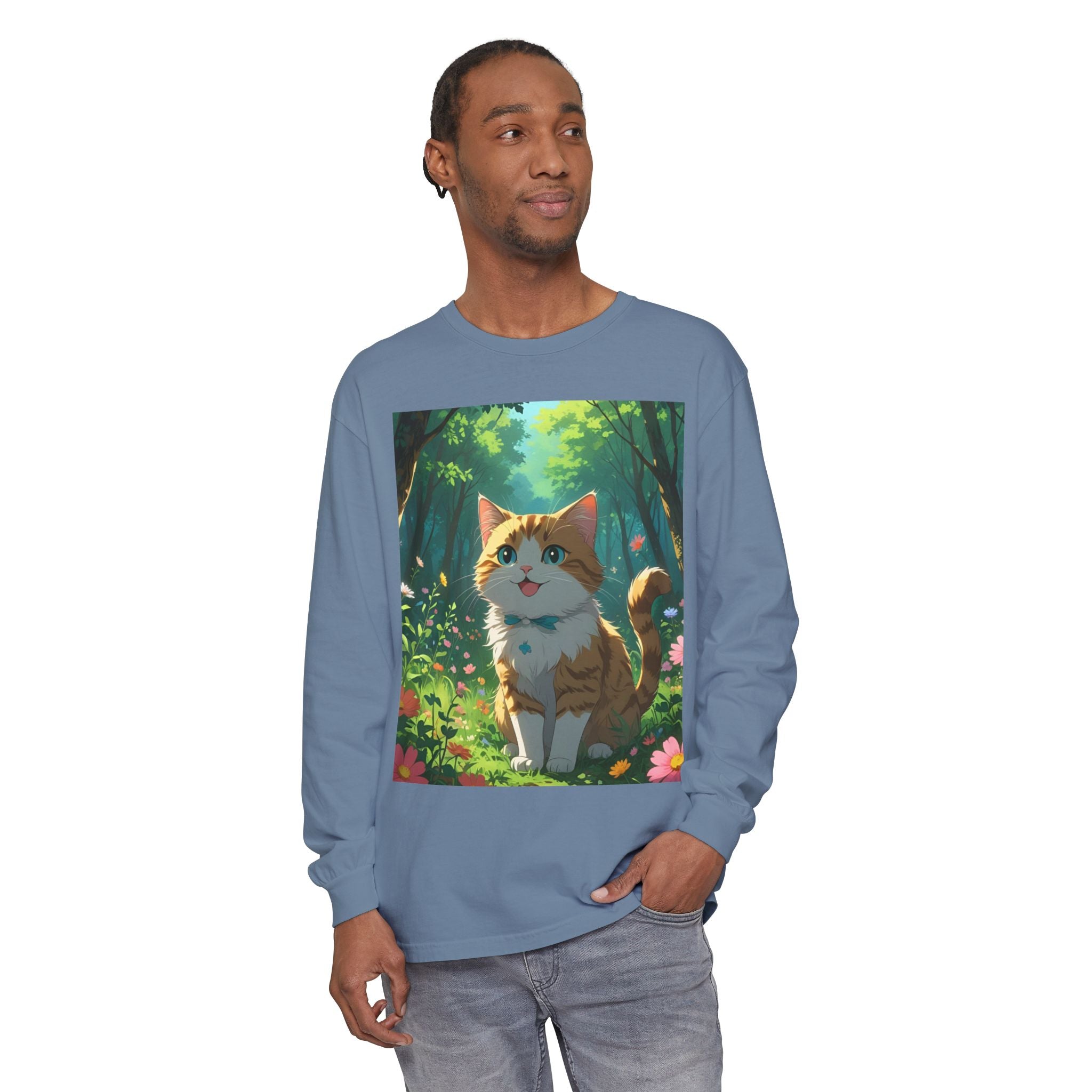 Whimsical Cat In Forest Long Sleeve T-Shirt - Perfect for Cat Lovers, Nature Enthusiasts, Gifts, Cozy Wear, Everyday Style