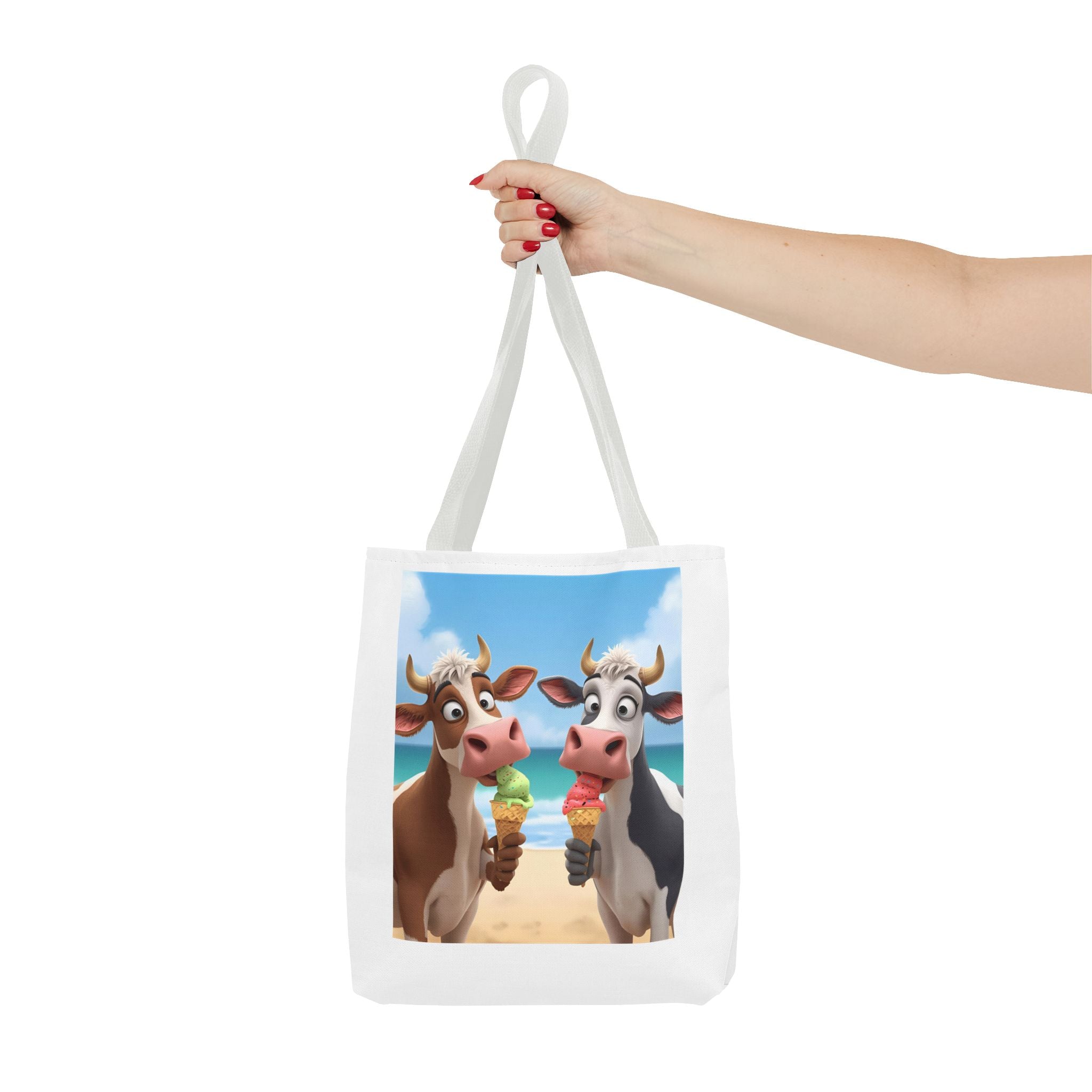 Fun Cartoon Cow Tote Bag for Ice Cream Lovers, Cute Beach Bag, Animal Lover Gift, Summer Accessory, AOP Design