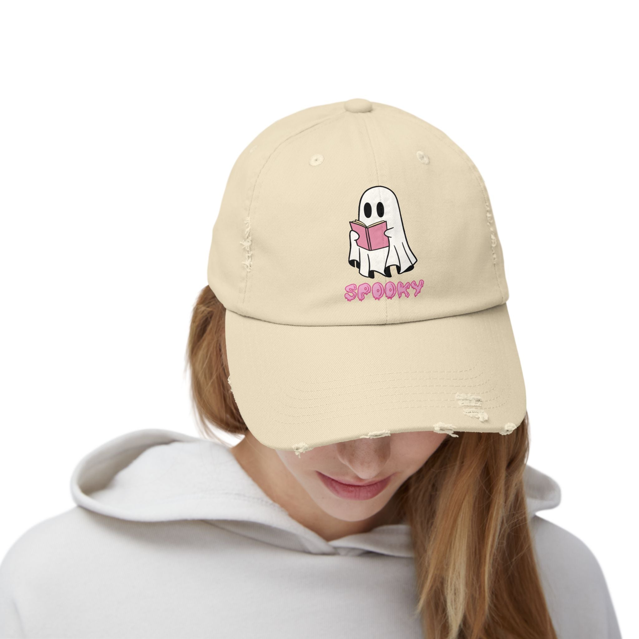 Spooky Ghost Reading Distressed Cap, Halloween Hat, Cute Adjustable Cap, Casual Everyday Wear, Trendy Fashion Accessory