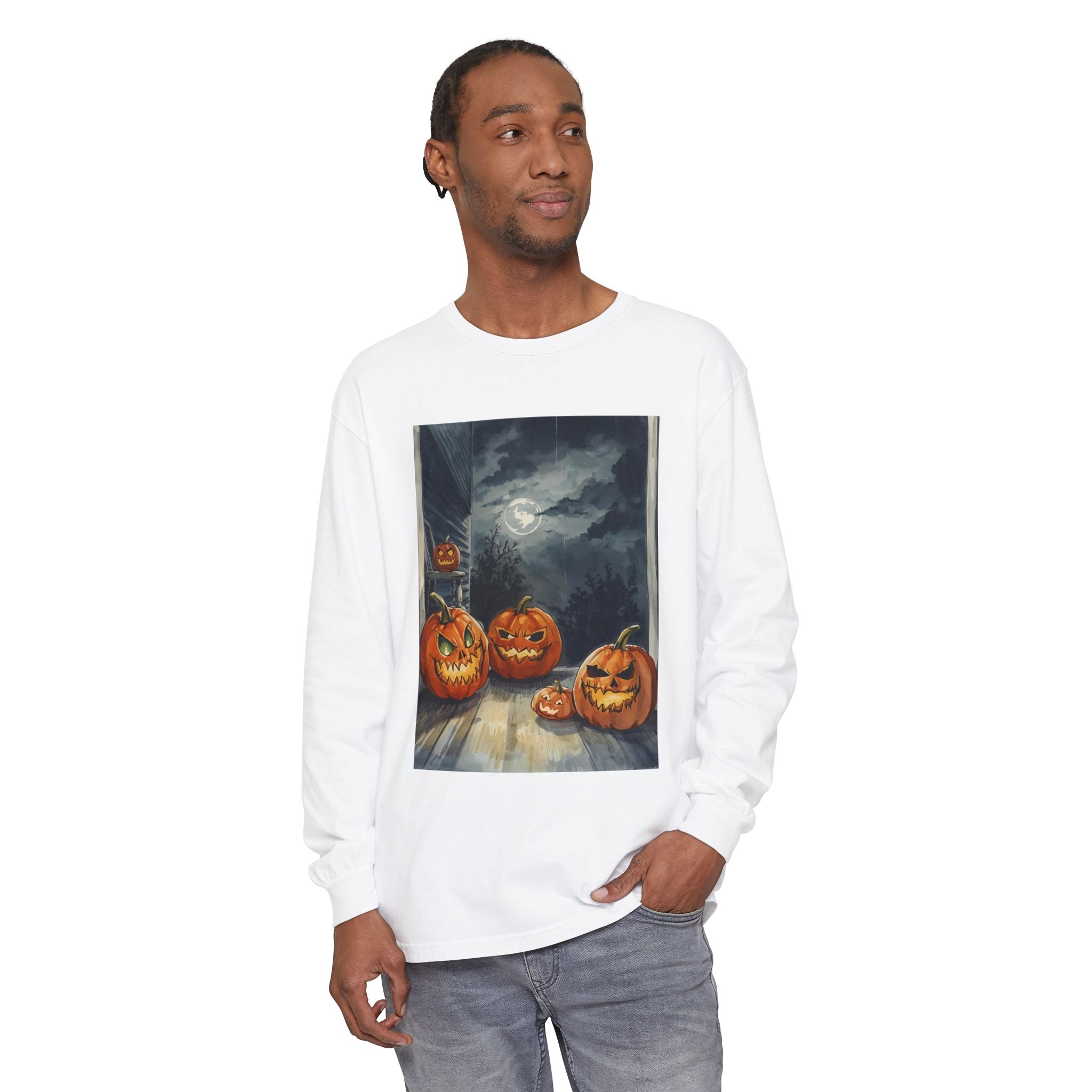 Halloween Pumpkin Scary Unisex Garment-dyed Long Sleeve T-Shirt