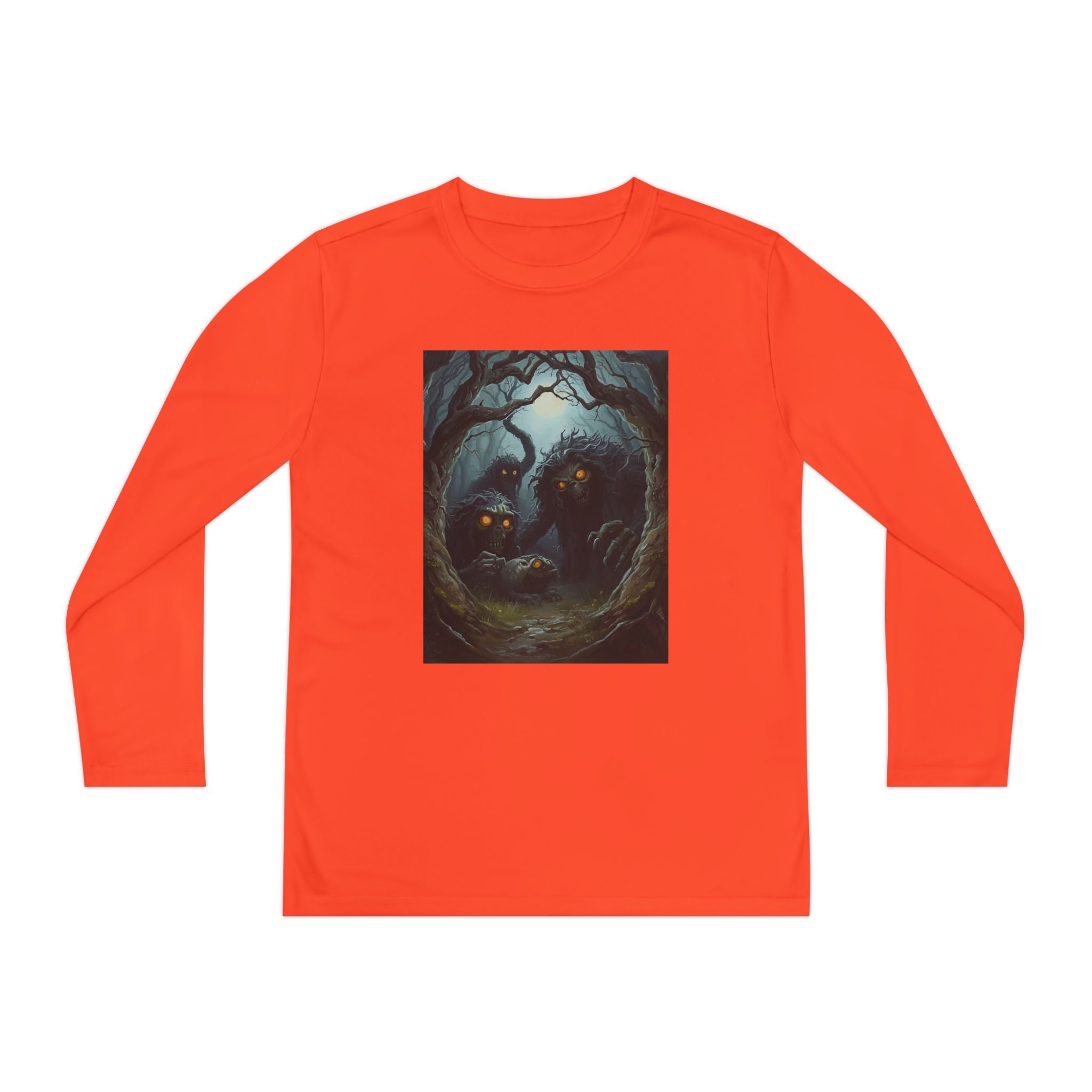 Spooky Forest Creatures Youth Long Sleeve Tee with Enchanted Forest Design, Comfortable Unisex T-Shirt for All Seasons, Perfect for Halloween and Nature Lovers