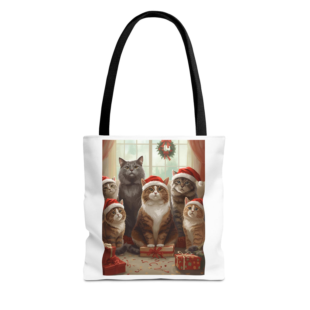 Cute Christmas Festive Cat Tote Bag, Christmas Gift, Holiday Shopping Bag, Cute Cat Lover Bag, AOP Tote for Cat Enthusiasts