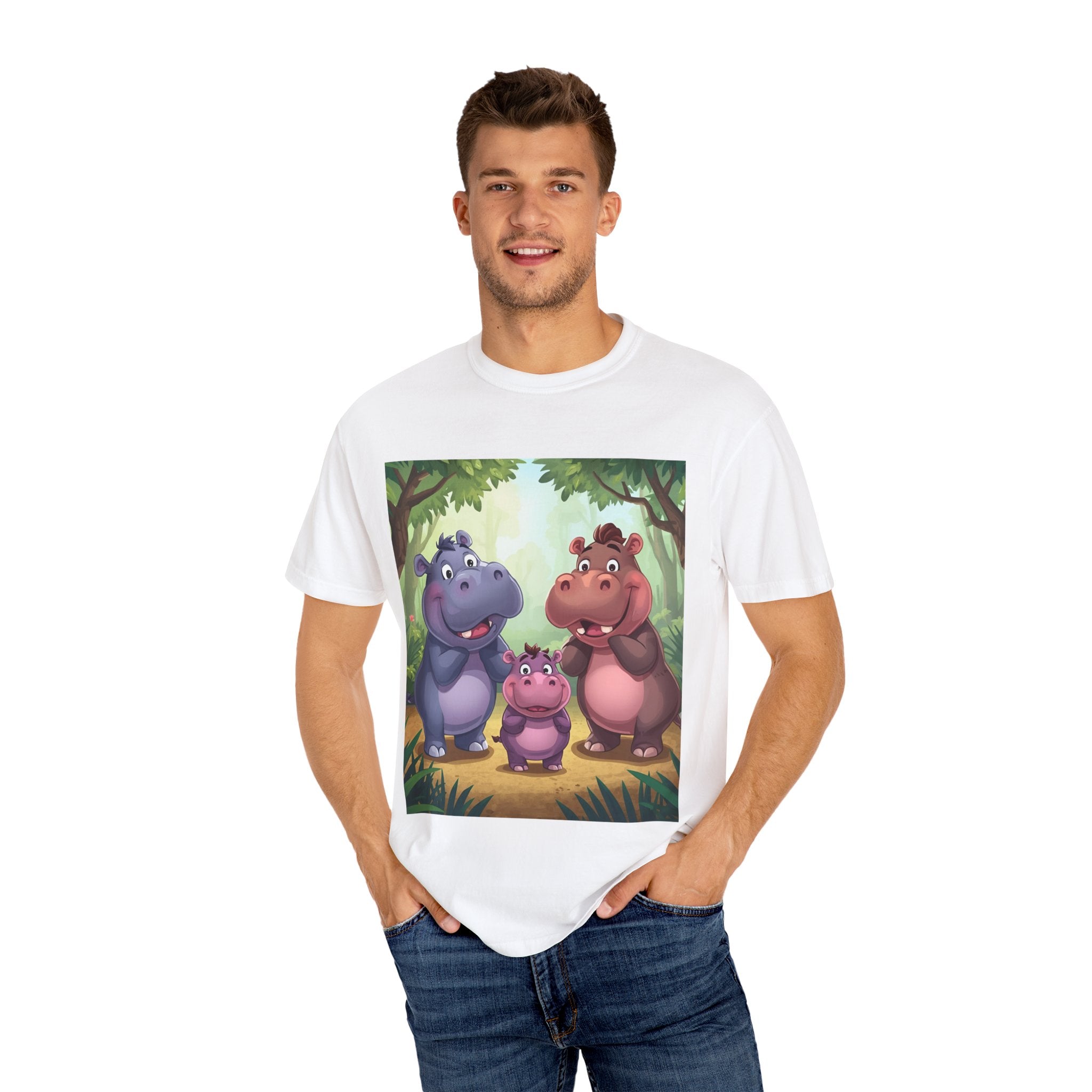 Cute Hippo Family T-Shirt, Unisex Garment-Dyed Tee, Animal Lovers Gift, Kids & Adults, Birthday, Family Reunion, Casual Wear