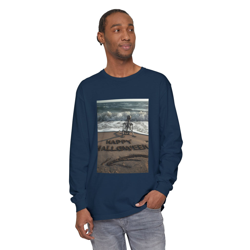Happy Halloween Beach Skeleton Vibes Unisex Garment-dyed Long Sleeve T-Shirt