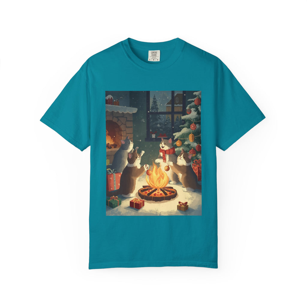 Cozy Winter Cat T-shirt, Unisex Garment-Dyed Shirt, Holiday Gift, Christmas Apparel, Cat Lover Tee, Festive Casual Wear