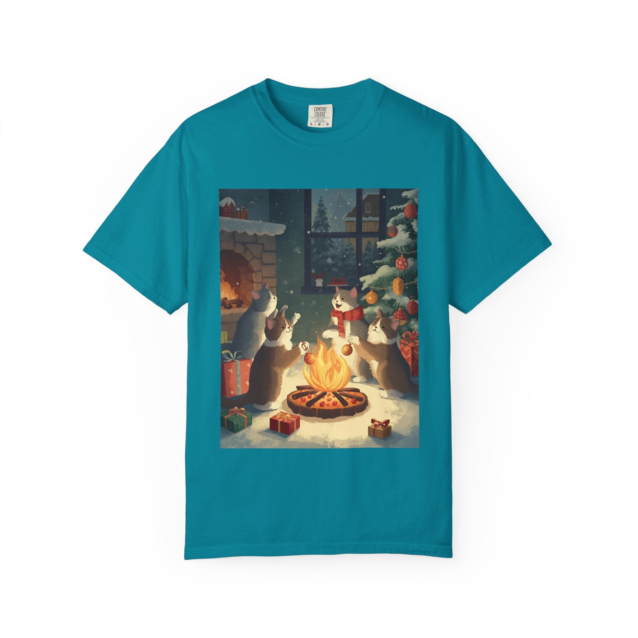 Cozy Winter Cat T-shirt, Unisex Garment-Dyed Shirt, Holiday Gift, Christmas Apparel, Cat Lover Tee, Festive Casual Wear