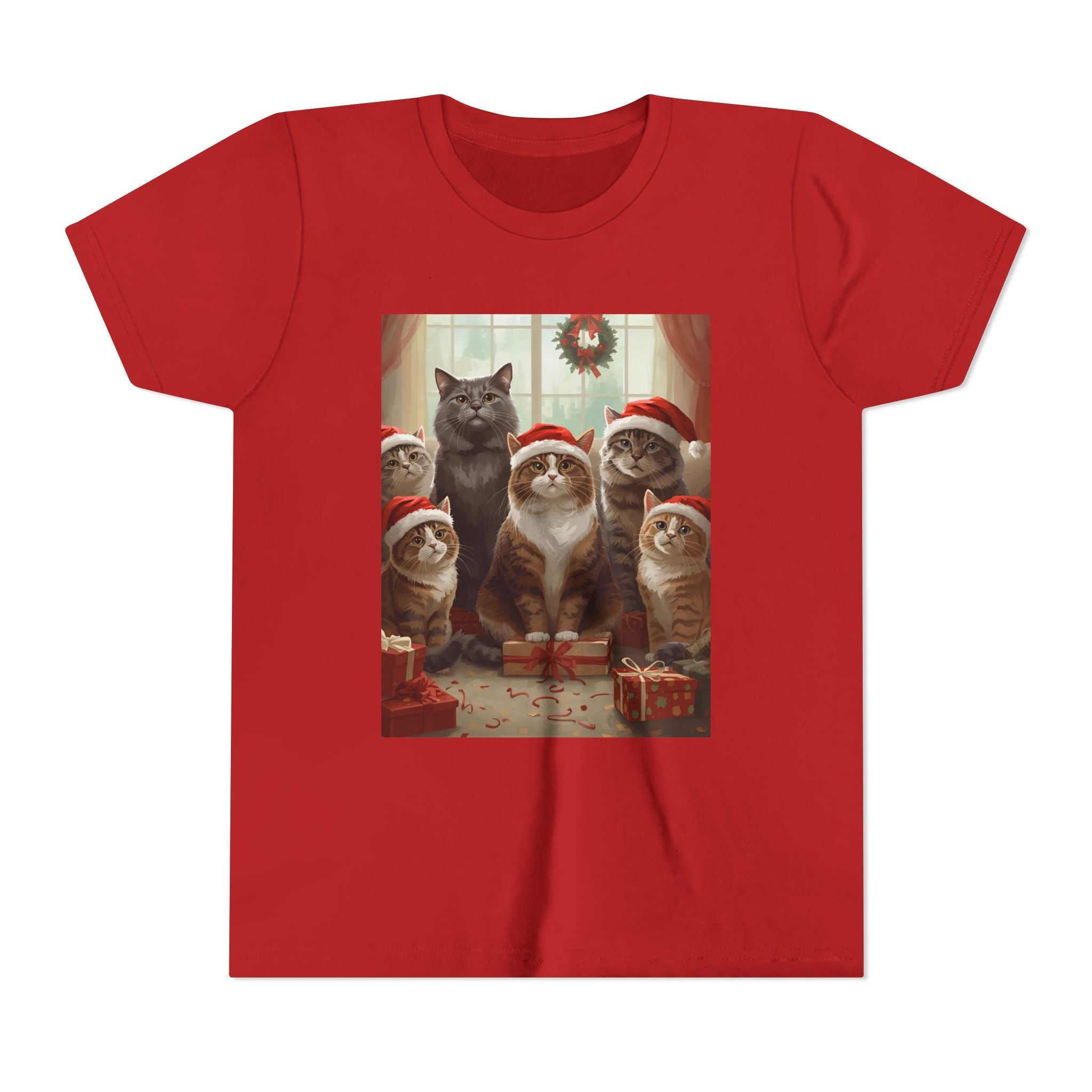 Cute Festive Christmas Cat Youth Short Sleeve Tee