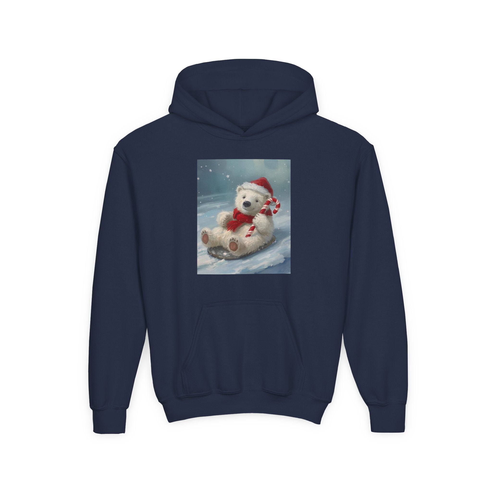 Cozy Christmas Bear Youth Hooded Sweatshirt, Winter Hoodie, Holiday Gift, Cute Sweatshirt for Kids, Festive Apparel