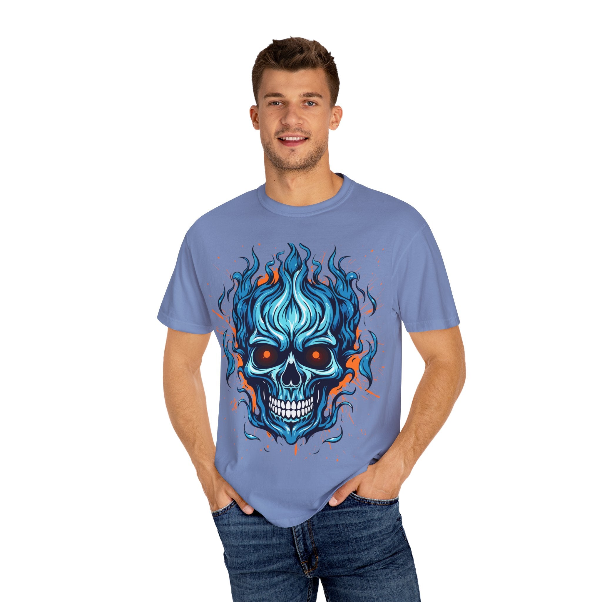 Flaming Skull T-Shirt, Unisex Graphic Tee, Edgy Casual Wear, Halloween Apparel, Gift for Rock Music Fans