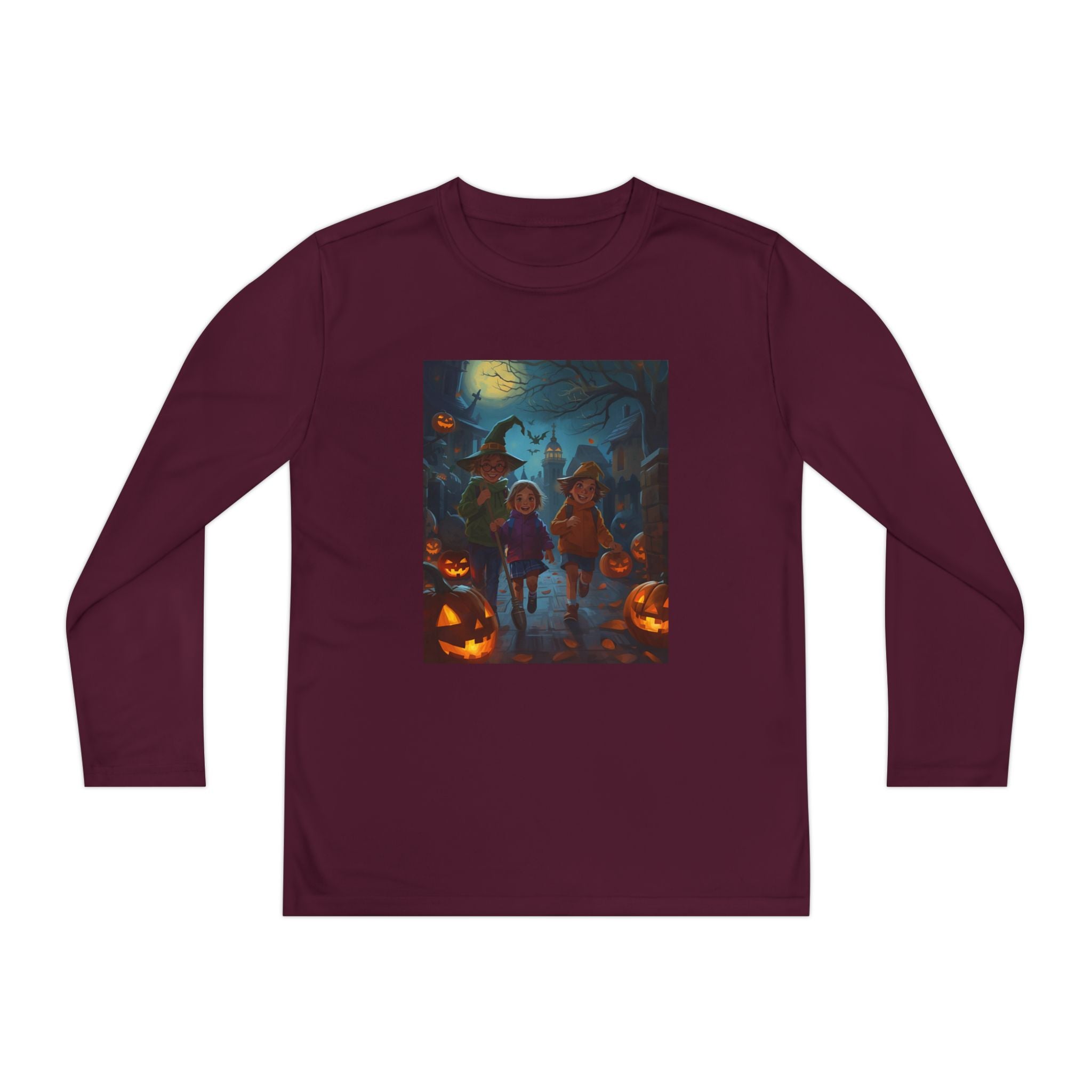 Halloween Themed Youth Long Sleeve Halloween Tee, Spooky Costume Shirt, Kids Trick or Treat Top, Fall Celebration Apparel, Halloween Party Wear