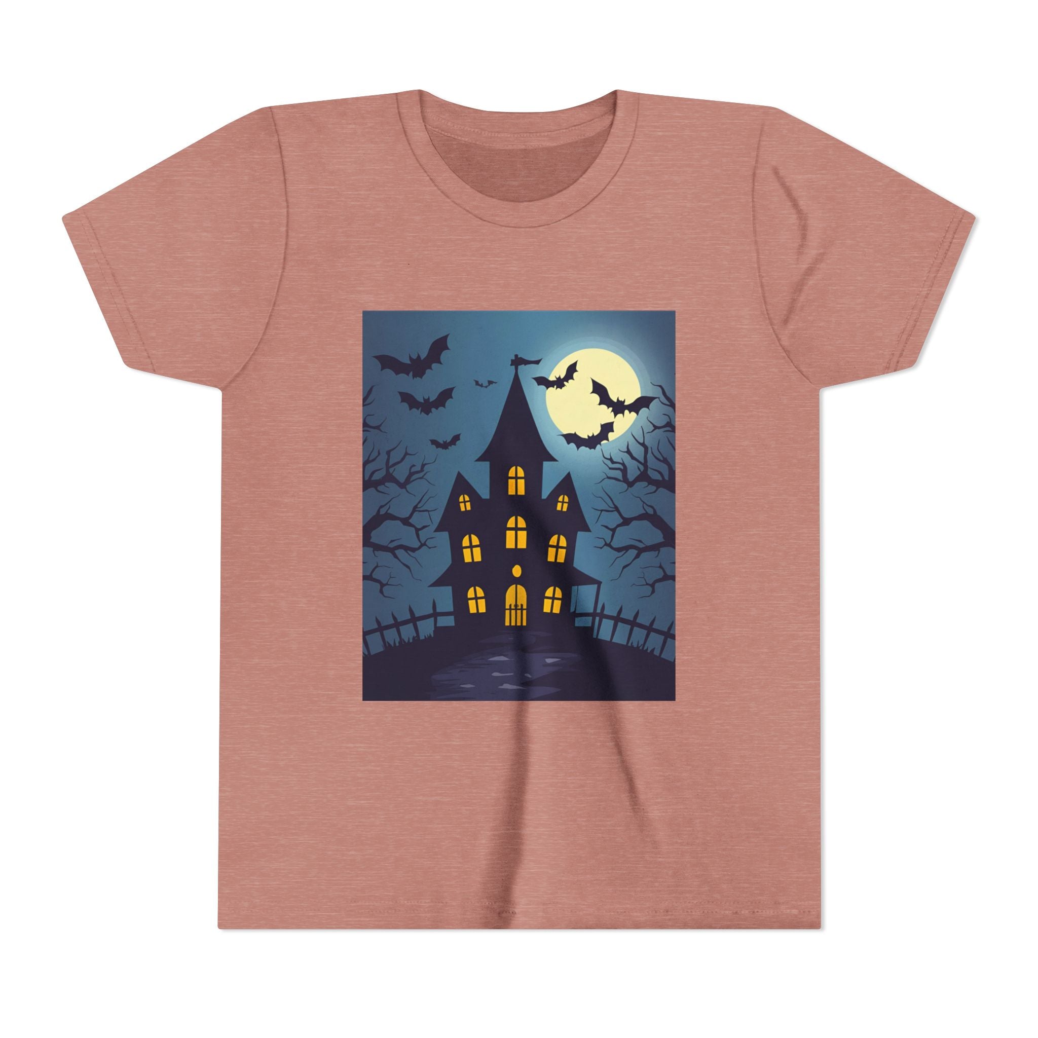 Spooky Halloween Haunted House Youth Tee, Kids Ghost T-Shirt, Haunted House Apparel, Bat Design Shirt, Trick or Treat Clothing