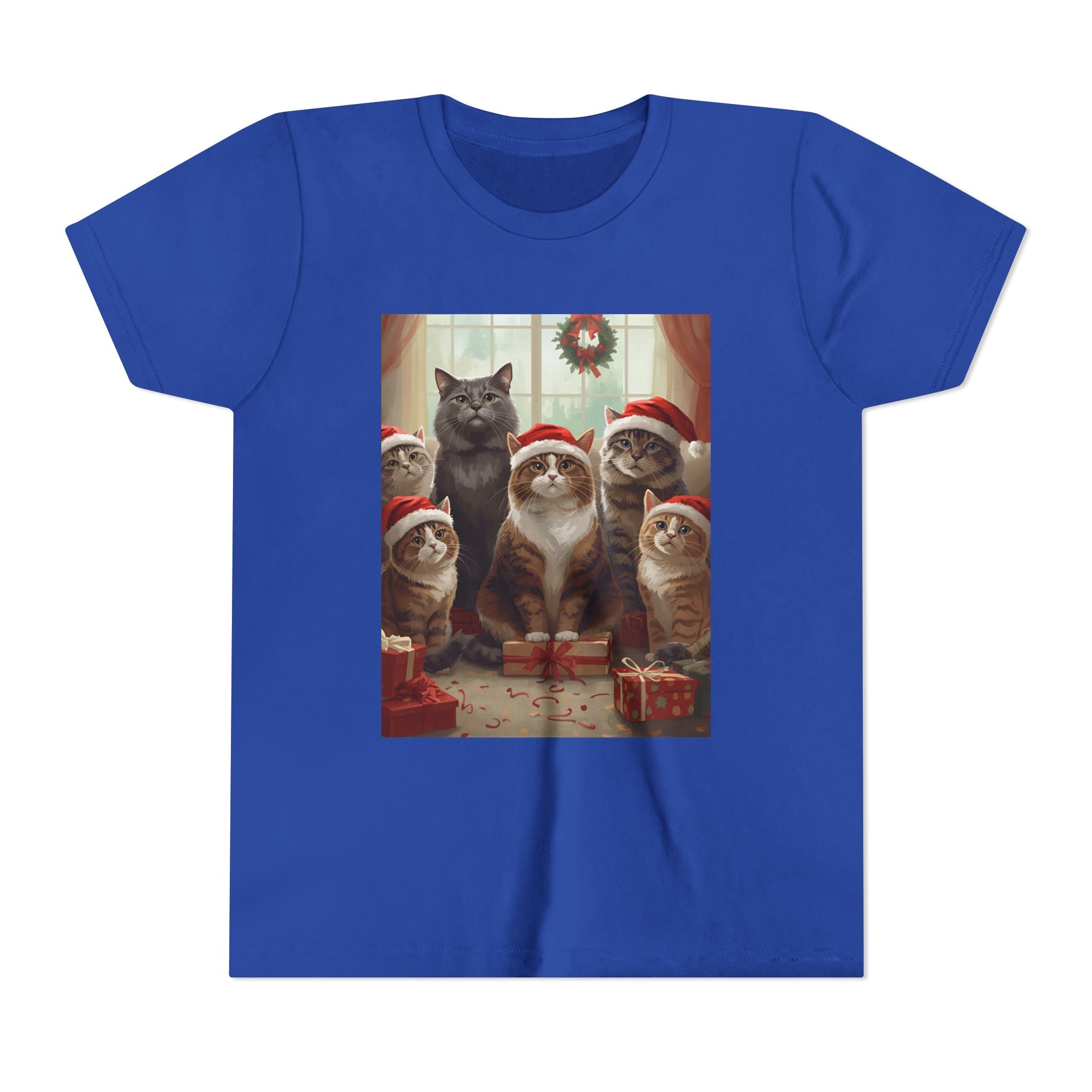 Cute Festive Christmas Cat Youth Short Sleeve Tee