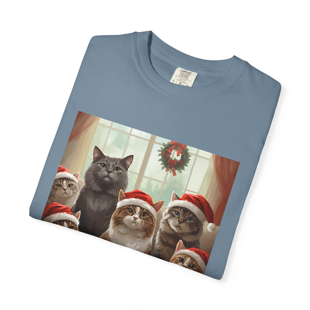 Cute Festive Funny Christmas Cat T-Shirt, Holiday Gift for Cat Lovers, Cute Tee for Winter, Unisex Garment-Dyed Shirt, Christmas Apparel, Festive Outfit