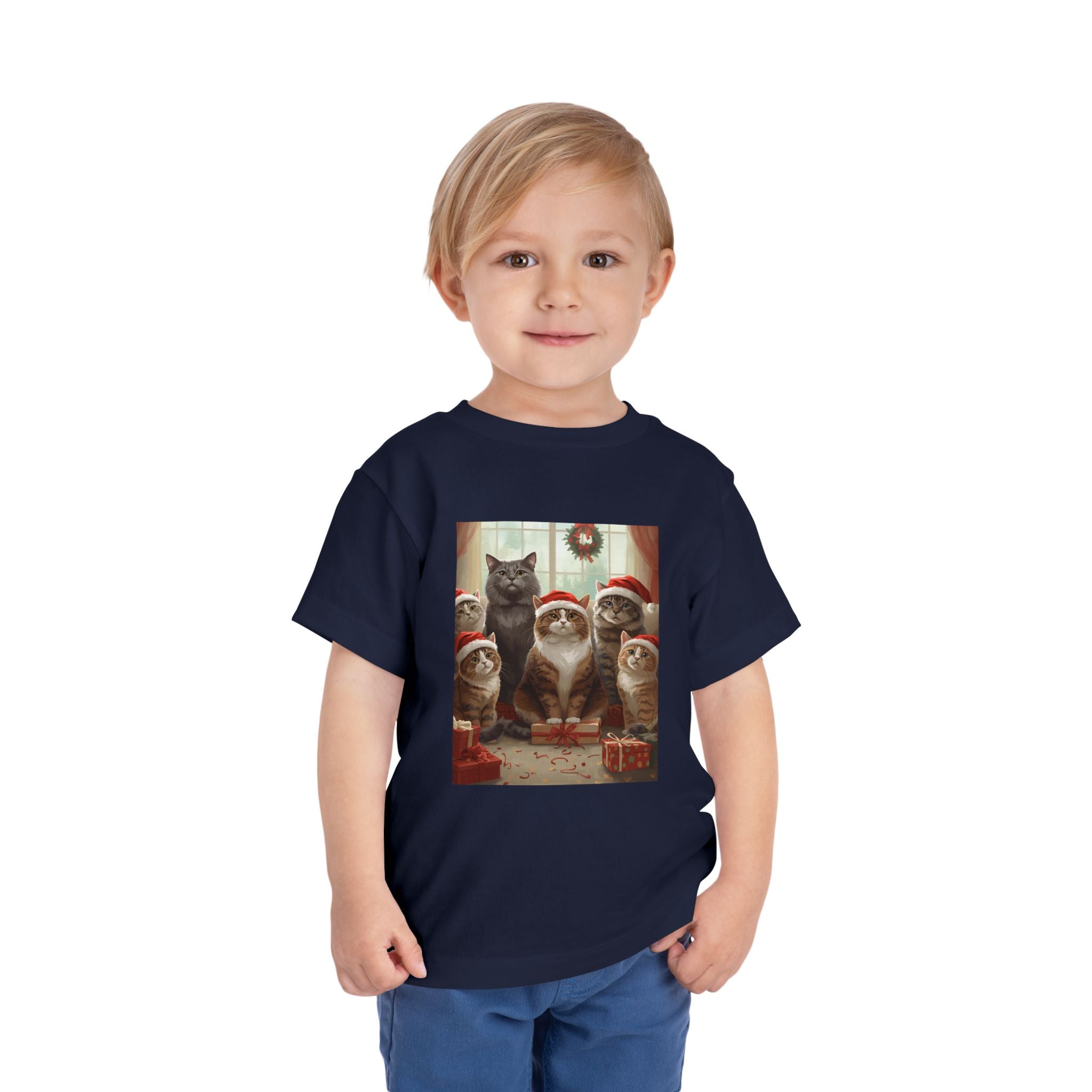 Cute Festive Christmas Cat Toddler Short Sleeve Tee