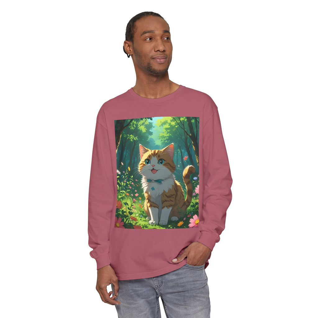 Whimsical Cat In Forest Long Sleeve T-Shirt - Perfect for Cat Lovers, Nature Enthusiasts, Gifts, Cozy Wear, Everyday Style