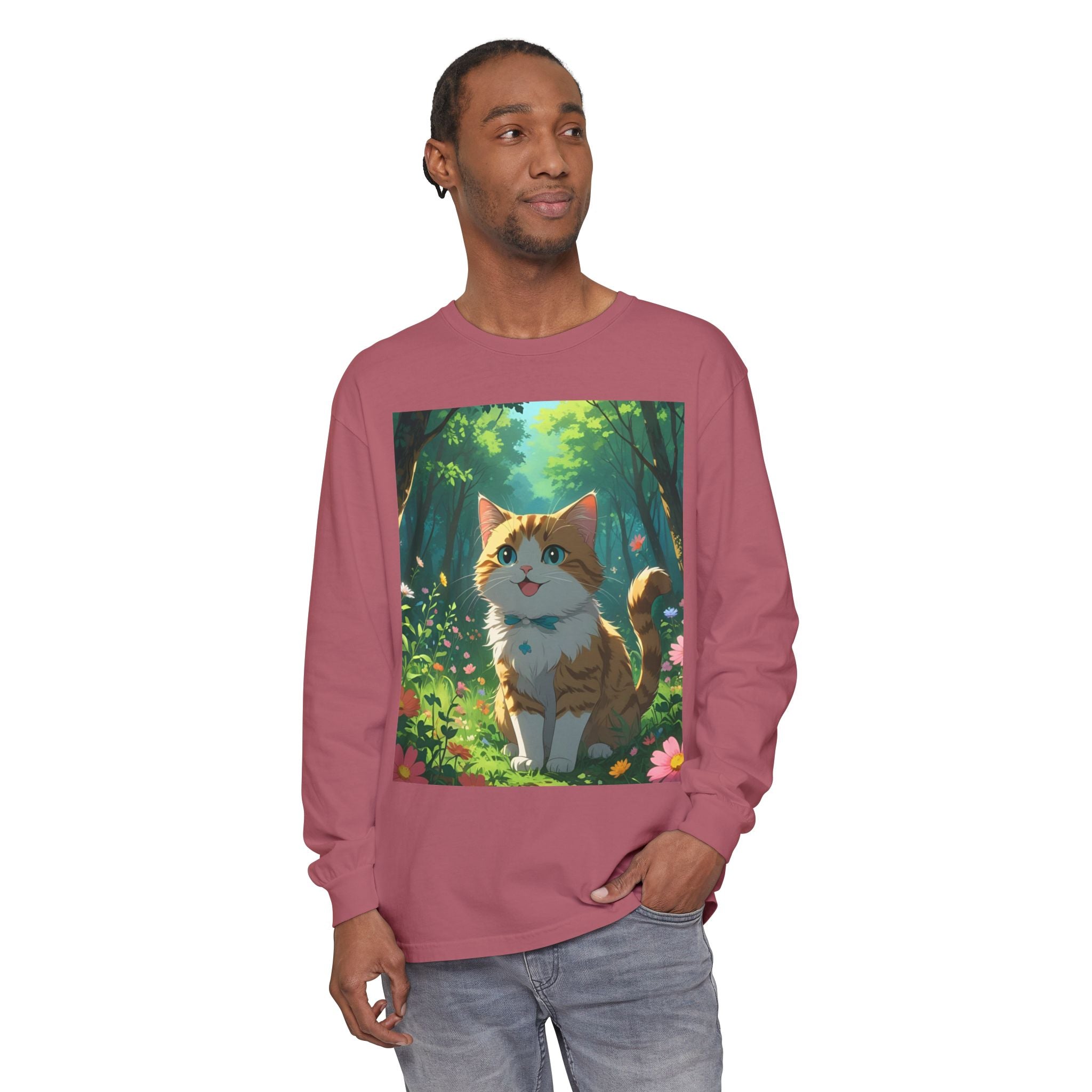 Whimsical Cat In Forest Long Sleeve T-Shirt - Perfect for Cat Lovers, Nature Enthusiasts, Gifts, Cozy Wear, Everyday Style
