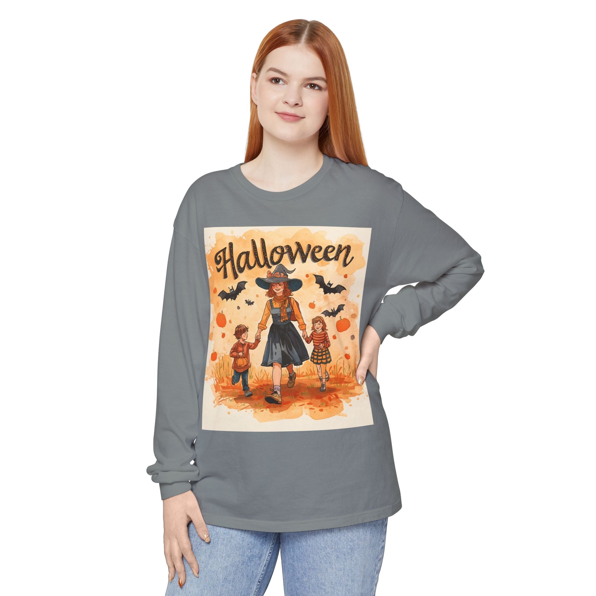 Halloween Themed Mom And Children Unisex Garment-dyed Long Sleeve T-Shirt