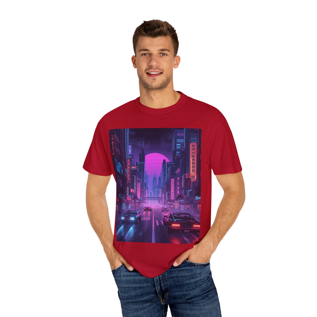 Futuristic Neon Cityscape T-Shirt, Retro Graphic Tee, Unisex Streetwear, Urban Vibe Shirt, Gift for Gamers, Summer Outfit