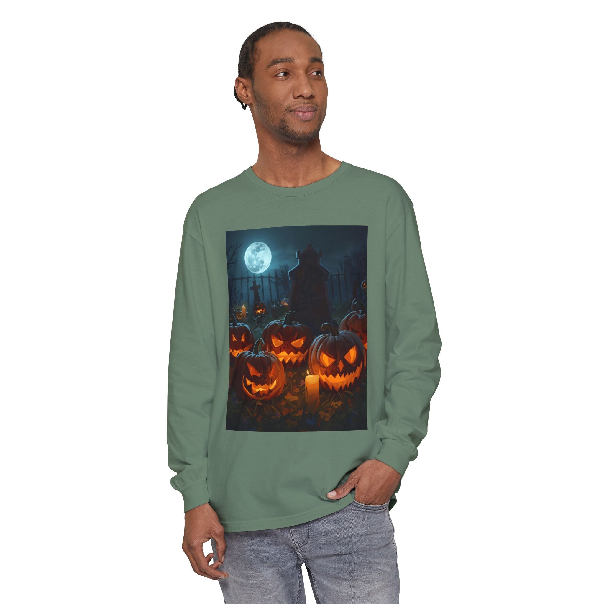 Scary Halloween Pumpkin Unisex Garment-dyed Long Sleeve T-Shirt